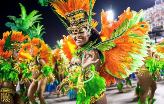 colorful carnival dancer in feathered costume performing samba at Brazilian Carnival parade with vibrant festival atmosphere