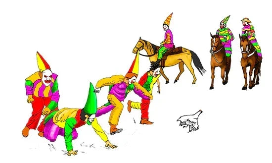 Illustration of Courir de Mardi Gras tradition with masked riders on horseback and participants chasing a chicken in Cajun Mardi Gras celebration