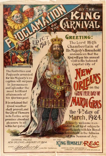 Rex proclamation poster for 1924 New Orleans Mardi Gras announcing King of Carnival and parade celebration