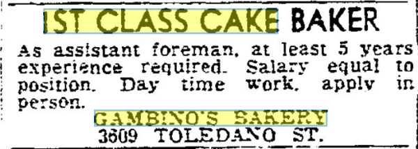Vintage newspaper help wanted ad for Gambino’s Bakery featuring first class cake baker position in New Orleans