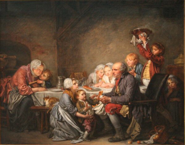 This painting is titled, Le gâteau des Rois, which translates to The cake of Kings. It was created by Jean-Baptiste Greuze in 1774 and depicts a family hundreds of years ago enjoying the same king cake tradition we enjoy today. Photo on Wikipedia.